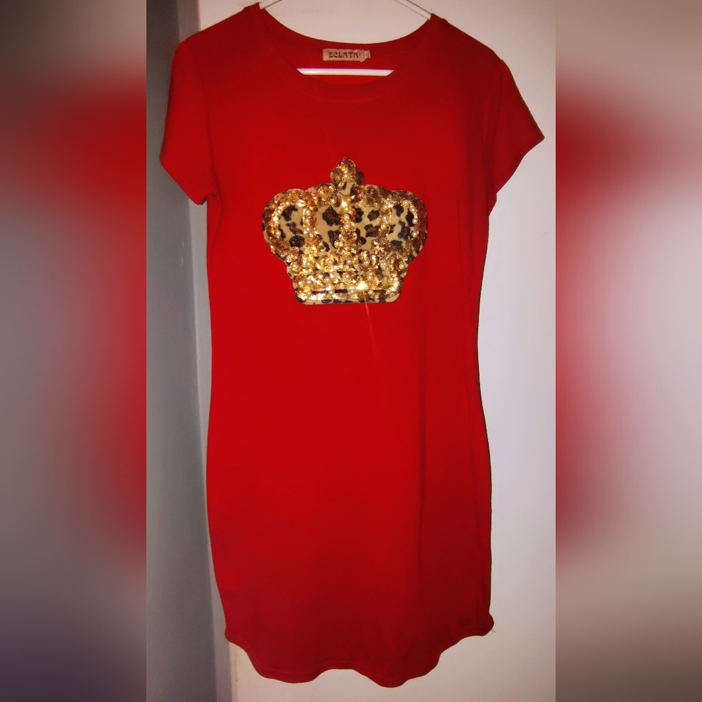 Red Tee shirt  Dress with Gold Sequin Crown